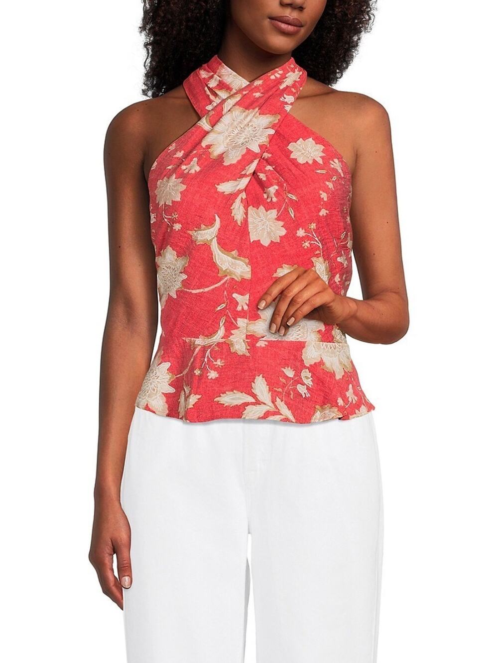 Tommy Hilfiger Halter Top Womens Small Coral Floral Peplum Hem Blouse Boho NWT